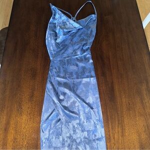 Missguided Asymmetrical Strap Drape Satin Midi Slip Dress Blue Patterned Size 6